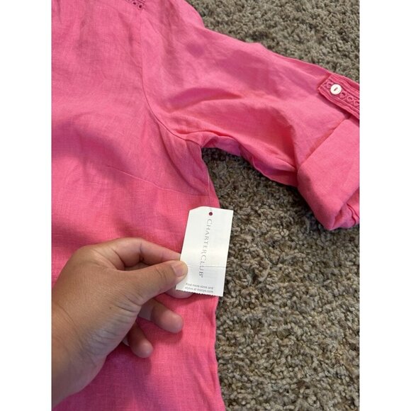 NWT CHARTER CLUB Pink 100% Linen button Front Blouse Top Roll Tab Sleeve LARGE - Picture 2 of 9